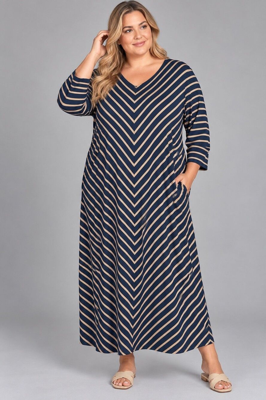 J. Jill Navy Caramel Chevron Striped Long Sleeve Midi Swing Dress XL Tall $109